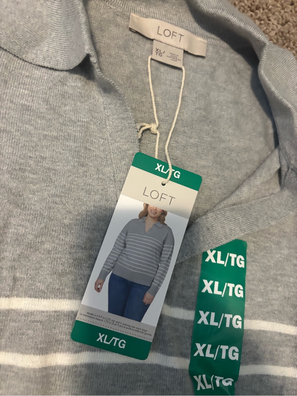 LOFT Women’s Heather Gray Striped V-Neck Sweater